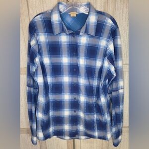 Duluth Trading Womens Button Down Sidewinder Shirt Size L Blue Plaid Zip Pocket